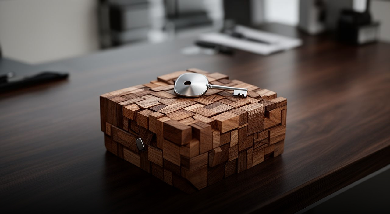 A complex wooden puzzle box with interlocking blocks sits on a dark desk, topped by a sleek silver key