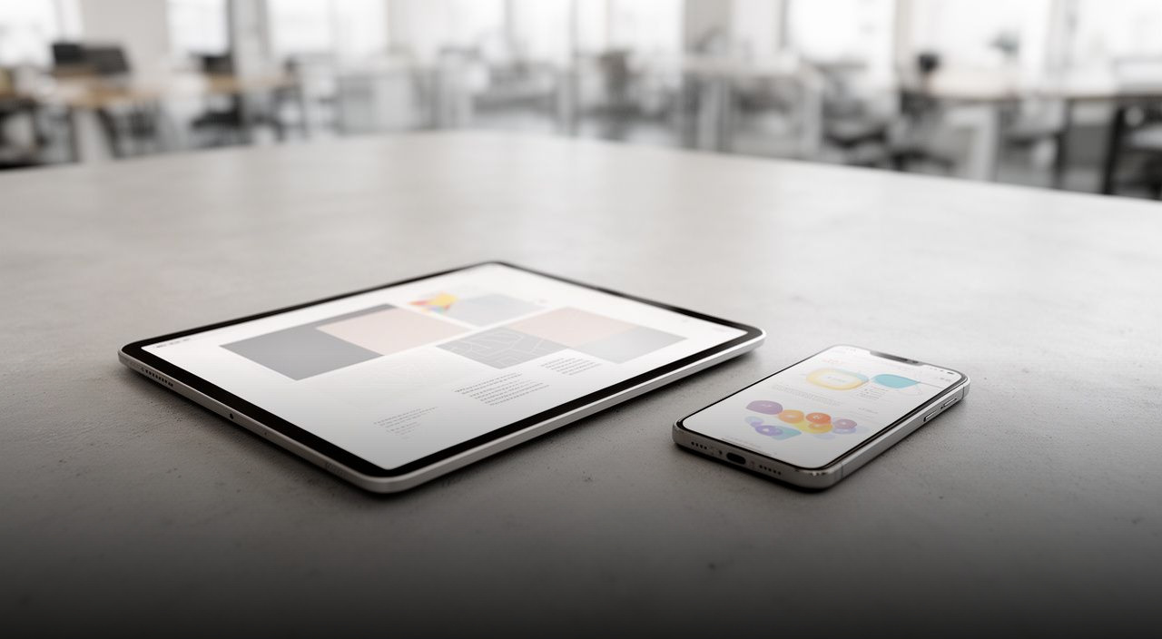 Tablet showing abstract layout and smartphone with colorful analytics charts on a grey concrete desk