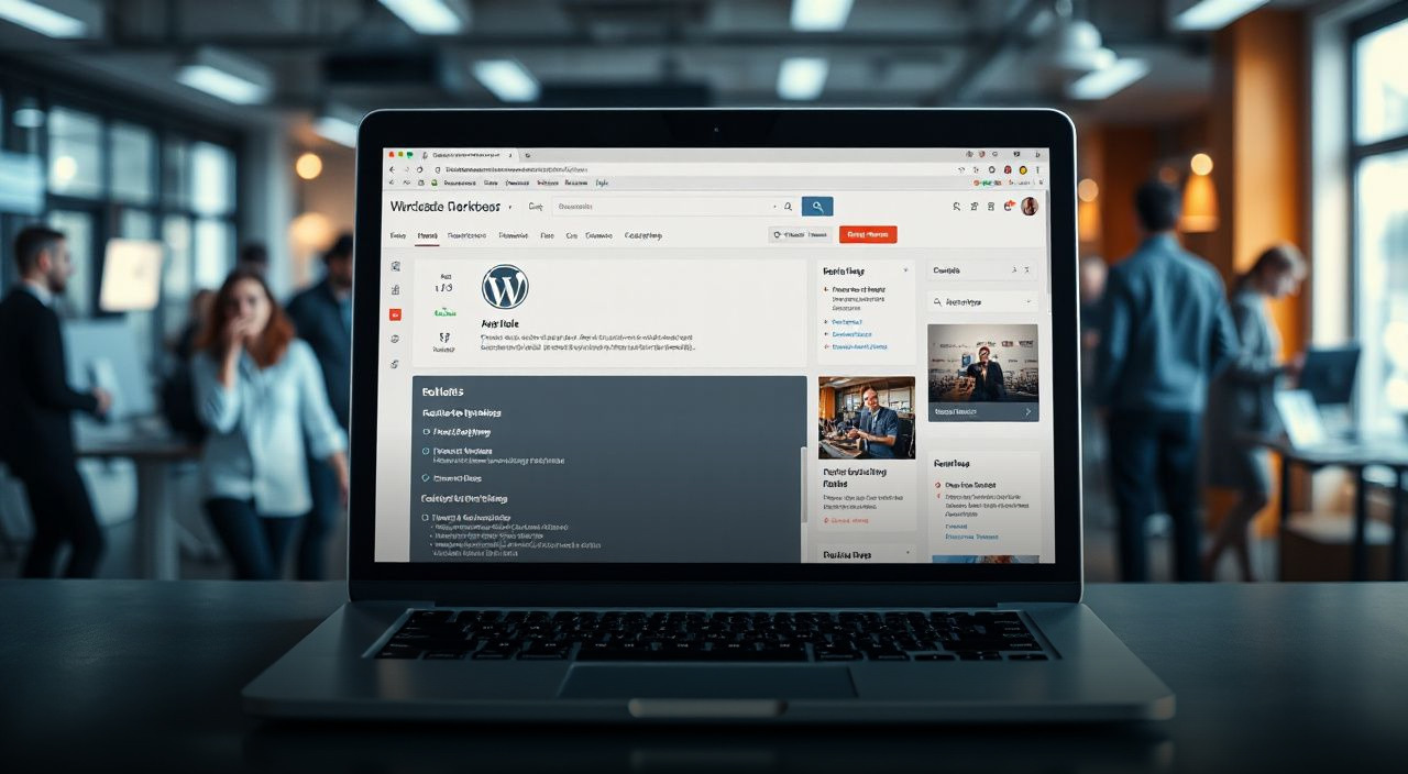 laptop with WordPress dashboard in a busy office