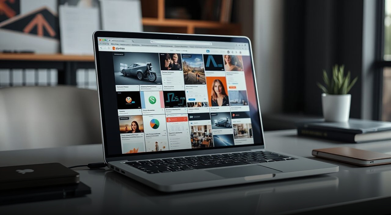 laptop showing website thumbnails on desk