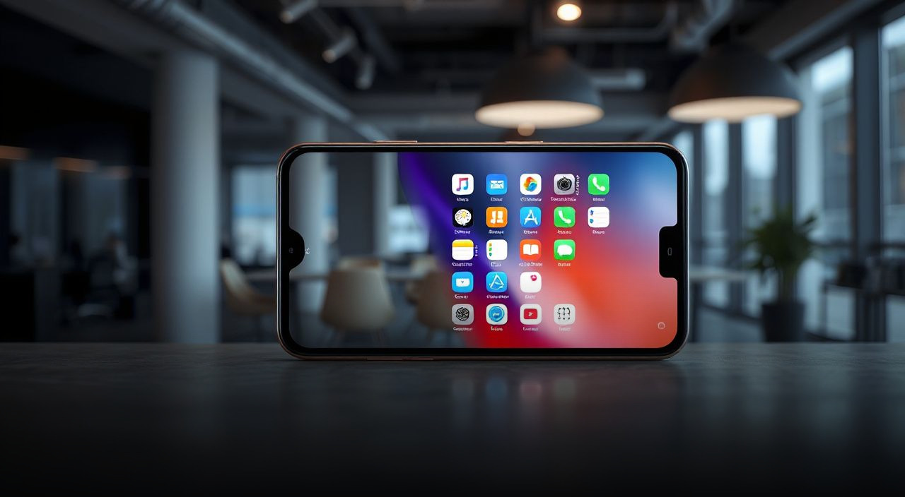 smartphone with app icons on screen in office background