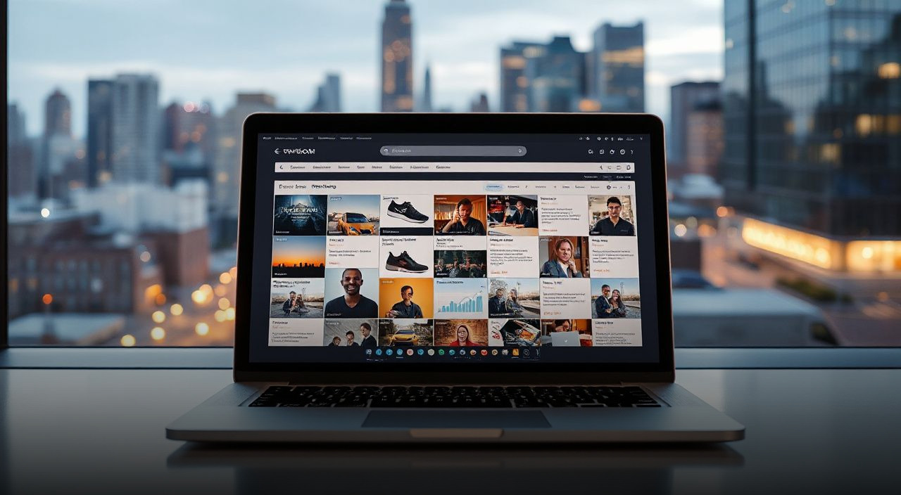 laptop showing website thumbnails on a desk