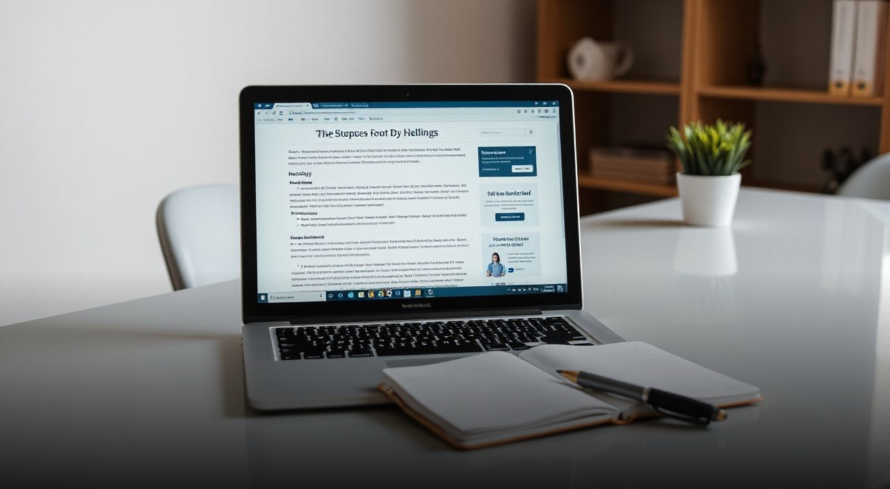 laptop with article on screen on a desk with notebook and pen
