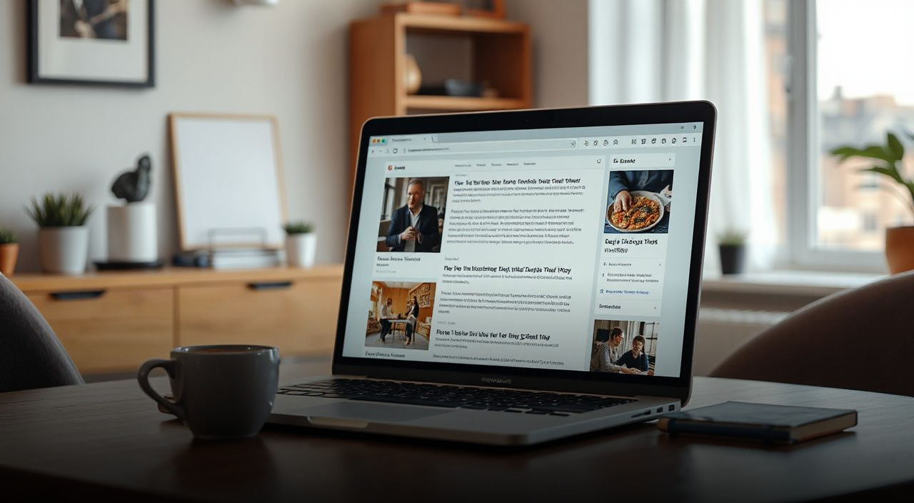 laptop with blog posts and coffee in home office
