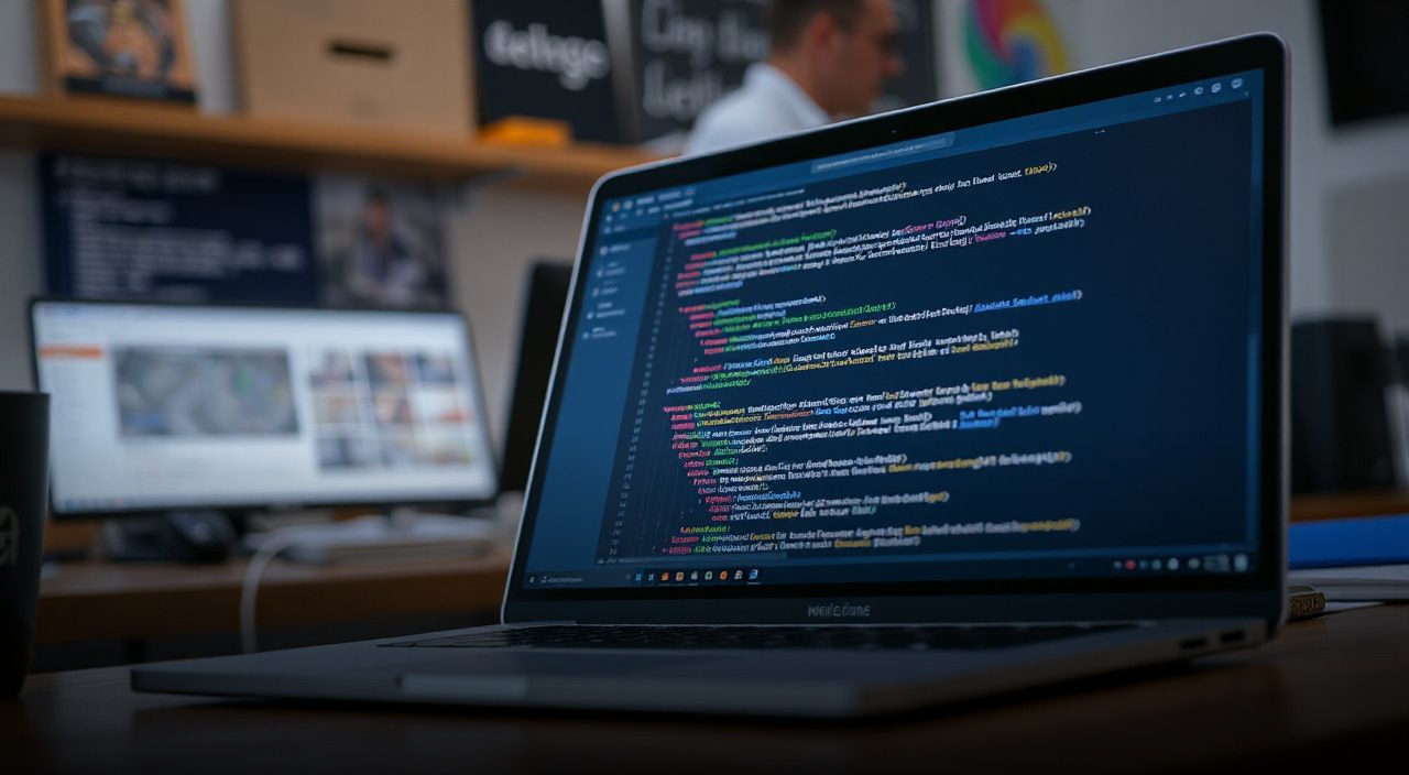 laptop with coding screen in a workspace