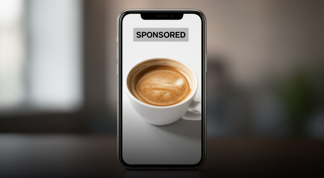 Smartphone screen showing a coffee cup photo labeled with a SPONSORED badge